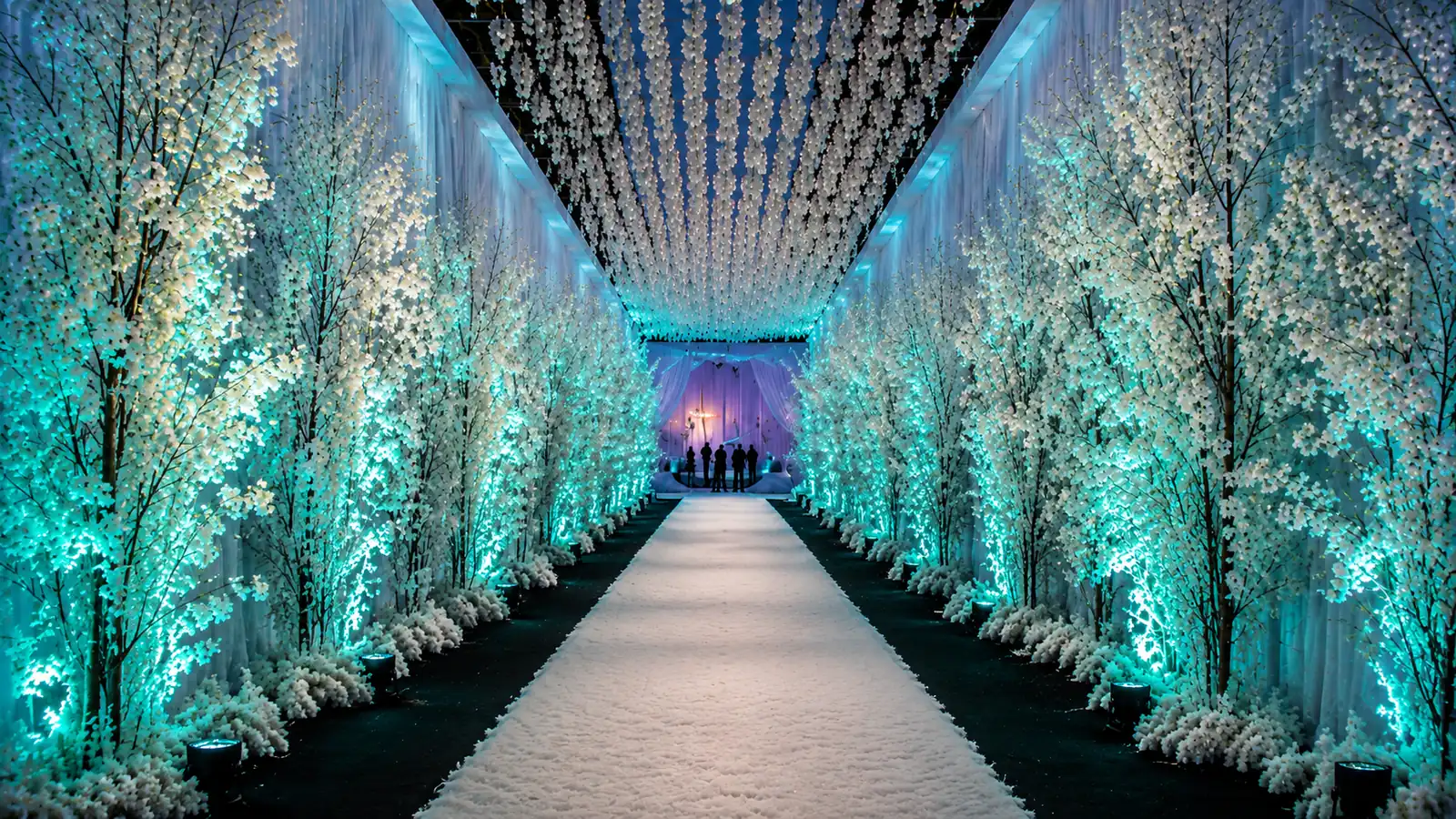 A white blossom tunnel lit in teal, its canopy converging above a pale walkway